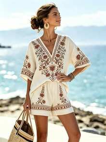 Selamara Women's Fashion Vacation Vibe V-Neck Printed Loose 3/4 Sleeve Top And Casual Shorts 2 Pieces Set - Multicolor - View 6