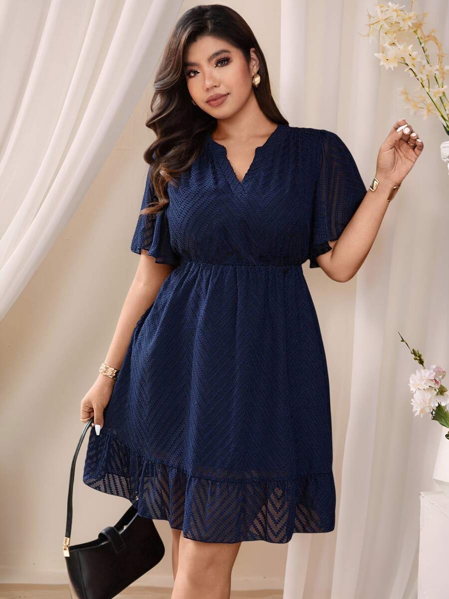 Rometta Celure Plus Size Women's Fashionable Elegant Dignified Fitted V-Neck A-Line Short Dress (Belt Not Included), Summer - Royal Blue - View 1