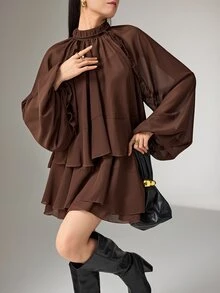Heiryn Women's Elegant Dark Brown Chiffon Short Dress,Autumn Date Office Wear,Stand-Up Collar Bubble Long Sleeve Ruffled Multi-Layer Cake A-Line Loose Fit - Brown - View 5
