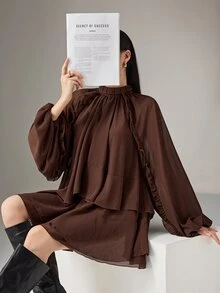 Heiryn Women's Elegant Dark Brown Chiffon Short Dress,Autumn Date Office Wear,Stand-Up Collar Bubble Long Sleeve Ruffled Multi-Layer Cake A-Line Loose Fit - Brown - View 7