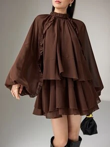 Heiryn Women's Elegant Dark Brown Chiffon Short Dress,Autumn Date Office Wear,Stand-Up Collar Bubble Long Sleeve Ruffled Multi-Layer Cake A-Line Loose Fit - Brown - View 4