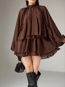 Heiryn Women's Elegant Dark Brown Chiffon Short Dress,Autumn Date Office Wear,Stand-Up Collar Bubble Long Sleeve Ruffled Multi-Layer Cake A-Line Loose Fit - Brown - View 2