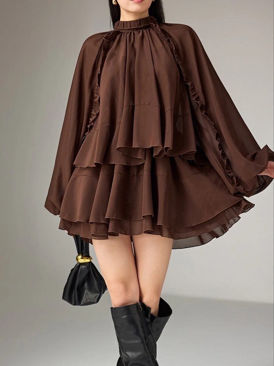 Heiryn Women's Elegant Dark Brown Chiffon Short Dress,Autumn Date Office Wear,Stand-Up Collar Bubble Long Sleeve Ruffled Multi-Layer Cake A-Line Loose Fit