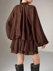Heiryn Women's Elegant Dark Brown Chiffon Short Dress,Autumn Date Office Wear,Stand-Up Collar Bubble Long Sleeve Ruffled Multi-Layer Cake A-Line Loose Fit - Brown - View 8