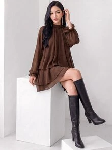 Heiryn Women's Elegant Dark Brown Chiffon Short Dress,Autumn Date Office Wear,Stand-Up Collar Bubble Long Sleeve Ruffled Multi-Layer Cake A-Line Loose Fit - Brown - View 3