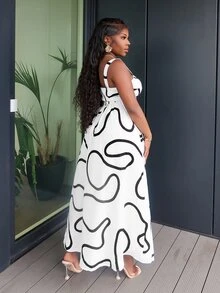 Zivah Casual Loose Shirt Design Sense White Abstract Striped Spaghetti Strap Loose Waist A-Line Print Women Dress - A - White - View 4