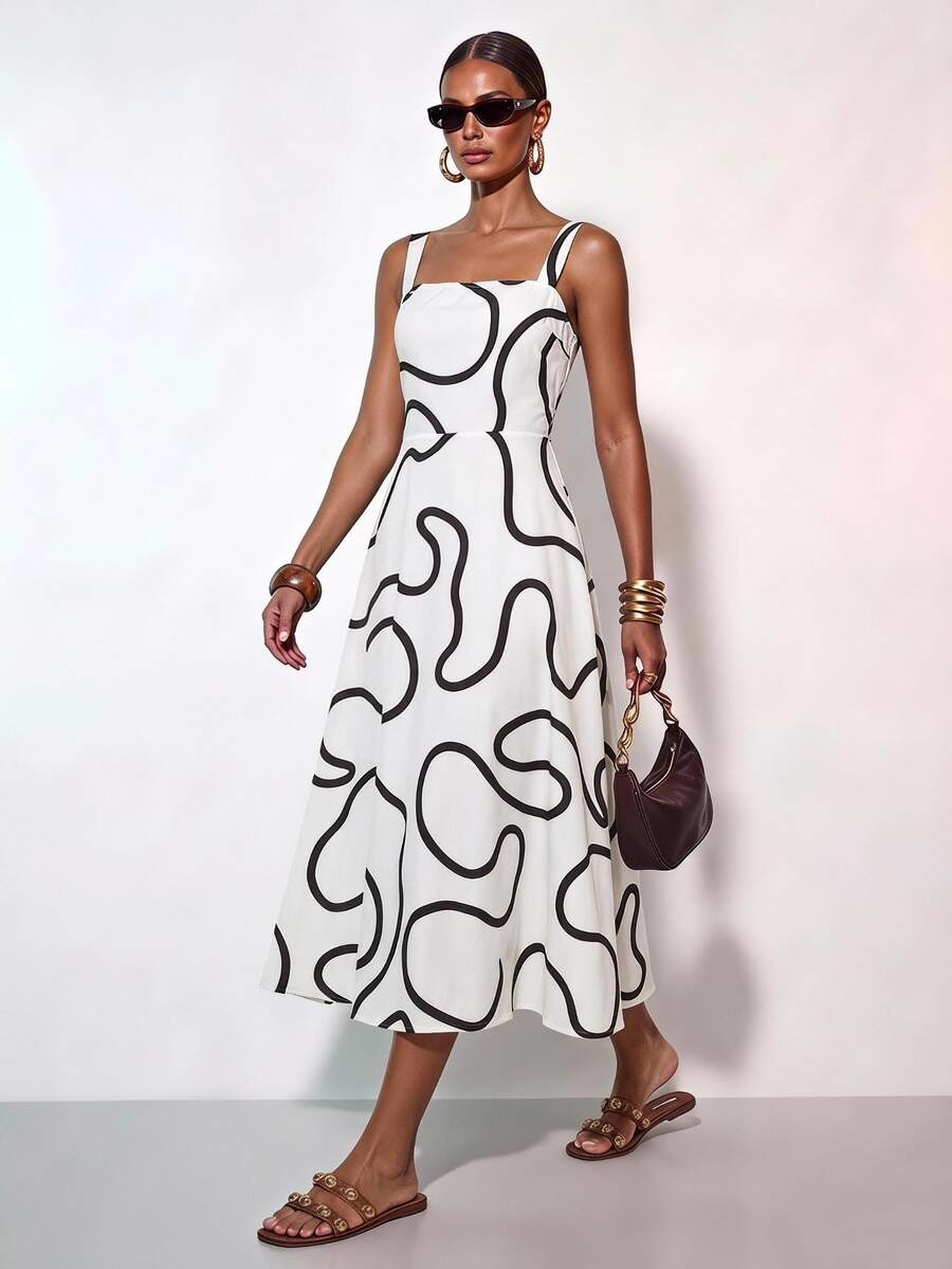Zivah Casual Loose Shirt Design Sense White Abstract Striped Spaghetti Strap Loose Waist A-Line Print Women Dress - A - White - View 1