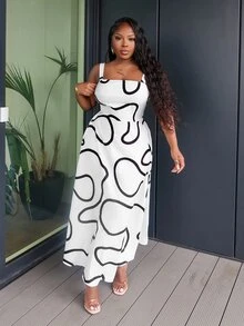 Zivah Casual Loose Shirt Design Sense White Abstract Striped Spaghetti Strap Loose Waist A-Line Print Women Dress - A - White - View 3