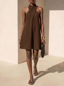 Zivah Women's Solid Color Criss-Cross Halter Mini Dress - Coffee Brown - View 4