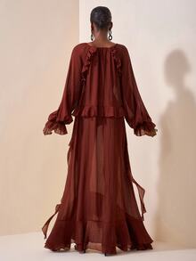 Zivah Rust Brown Autumn Elegant Boho Vacation Dress Women,Multilayer Ruffle Hem Semi-Sheer Fall Clothes,Party Formal Occasion Wedding Guest Daily Commute - Brown - View 3