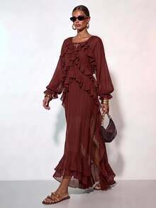 Zivah Rust Brown Autumn Elegant Boho Vacation Dress Women,Multilayer Ruffle Hem Semi-Sheer Fall Clothes,Party Formal Occasion Wedding Guest Daily Commute - Brown - View 2