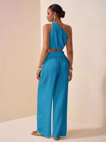 Zivah Women's 2 Pieces Set,Turquoise Blue Summer Casual Beach Holiday,One-Shoulder Asymmetrical Twist Open Back Crop Top & Straight Loose Pants With Pockets - Blue - View 3
