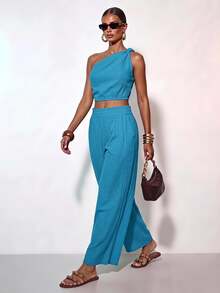 Zivah Women's 2 Pieces Set,Turquoise Blue Summer Casual Beach Holiday,One-Shoulder Asymmetrical Twist Open Back Crop Top & Straight Loose Pants With Pockets - Blue - View 2