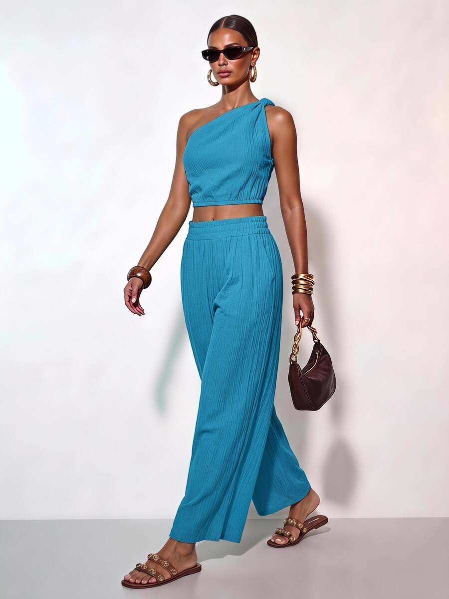 Zivah Women's 2 Pieces Set,Turquoise Blue Summer Casual Beach Holiday,One-Shoulder Asymmetrical Twist Open Back Crop Top & Straight Loose Pants With Pockets