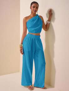 Zivah Women's 2 Pieces Set,Turquoise Blue Summer Casual Beach Holiday,One-Shoulder Asymmetrical Twist Open Back Crop Top & Straight Loose Pants With Pockets - Blue - View 7