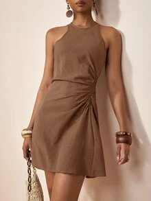 Zivah 2026 Spring/Summer Tropical Coffee Brown Round Neck Sleeveless Fitted Ruched Asymmetric Hem Mini Dress Vacation Beach Modest Minimalist Casual - Khaki - View 8