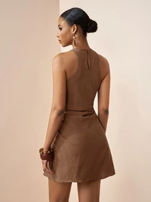 Zivah 2026 Spring/Summer Tropical Coffee Brown Round Neck Sleeveless Fitted Ruched Asymmetric Hem Mini Dress Vacation Beach Modest Minimalist Casual - Khaki - View 2