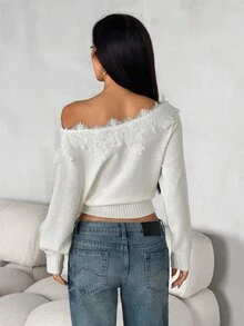 SHEIN PETITE Women's New Autumn Asymmetric Shoulder Lace Patchwork Sweater - Apricot - View 6