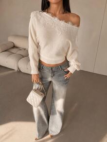 SHEIN PETITE Women's New Autumn Asymmetric Shoulder Lace Patchwork Sweater - Apricot - View 5