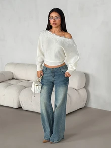 SHEIN PETITE Women's New Autumn Asymmetric Shoulder Lace Patchwork Sweater - Apricot - View 8