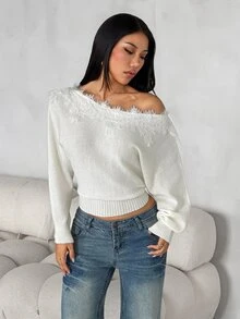 SHEIN PETITE Women's New Autumn Asymmetric Shoulder Lace Patchwork Sweater - Apricot - View 10
