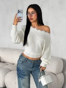 SHEIN PETITE Women's New Autumn Asymmetric Shoulder Lace Patchwork Sweater - Apricot - View 9