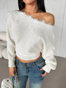 SHEIN PETITE Women's New Autumn Asymmetric Shoulder Lace Patchwork Sweater - Apricot - View 7