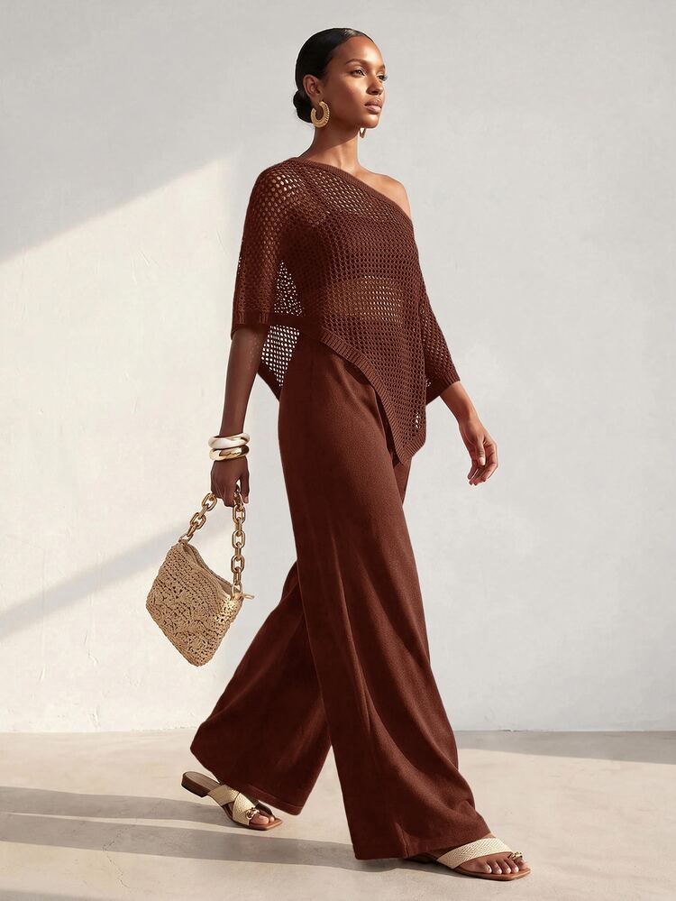 Zivah New Summer/Autumn Casual Commute Vacation Beige Hollow Knit Top Pants Set Beach Vacation - Redwood - View 10