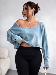 Elenzga Plus Size Women's Asymmetric Collar Long Sleeve Cropped Casual T-Shirt, Solid Color, Autumn Fall - Multicolor - View 5