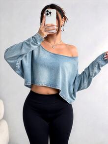 Elenzga Plus Size Women's Asymmetric Collar Long Sleeve Cropped Casual T-Shirt, Solid Color, Autumn Fall - Multicolor - View 1