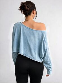 Elenzga Plus Size Women's Asymmetric Collar Long Sleeve Cropped Casual T-Shirt, Solid Color, Autumn Fall - Multicolor - View 2