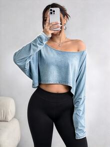 Elenzga Plus Size Women's Asymmetric Collar Long Sleeve Cropped Casual T-Shirt, Solid Color, Autumn Fall - Multicolor - View 4