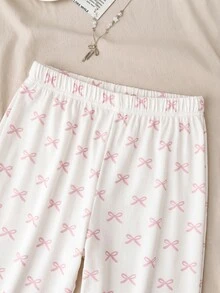 SHEIN 青少年女孩簡單可愛熊圖案飾邊抓皺長褲套裝，舒適休閒居家服 2 件套 - 彩色 - 查看 3