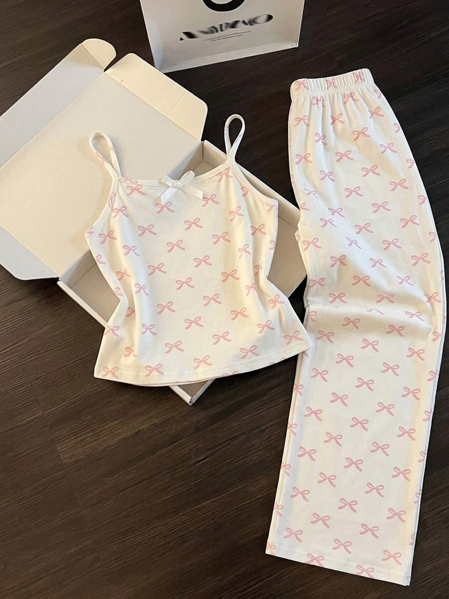 SHEIN 青少年女孩簡單可愛熊圖案飾邊抓皺長褲套裝,舒適休閒居家服 2 件套 - 彩色 - 查看 1
