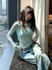 K-Vae Polka Dot Lace Long Sleeve Sexy Base Layer Top - Mint Green - View 3