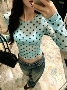 K-Vae Polka Dot Lace Long Sleeve Sexy Base Layer Top - Mint Green - View 5