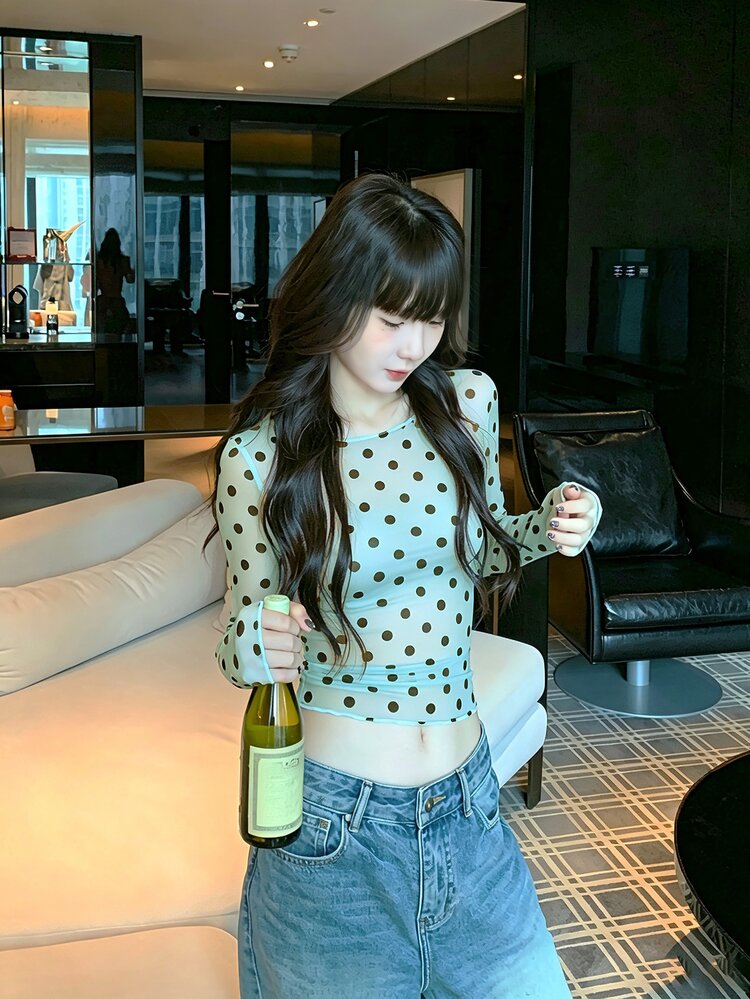 K-Vae Atasan Dalaman Seksi Lengan Panjang Berenda Polkadot - Mint Green - View 6
