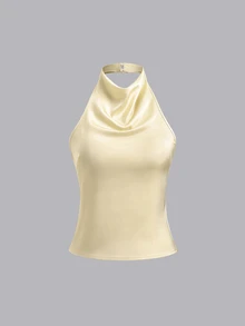 Sweetra Kamisol Wanita Model Halter Warna Polos, Cocok untuk Liburan - Kuning - View 1