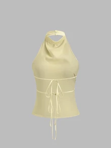 Sweetra Kamisol Wanita Model Halter Warna Polos, Cocok untuk Liburan - Kuning - View 2