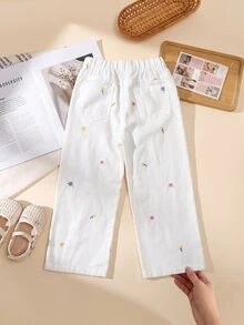 SHEIN Girls' Denim Jeans, Cute Style, Blue, Elastic Waist, Pants With Floral Embroidery Design, Fashionable Straight-Leg Fit, Soft Comfortable Fabric, Party - White - View 3