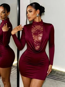 SHEIN BamGlam Women's Sexy Fashion Party Deep Draped Neck Cowl Neck Lace Patchwork Short Dress - Burgundy - View 1