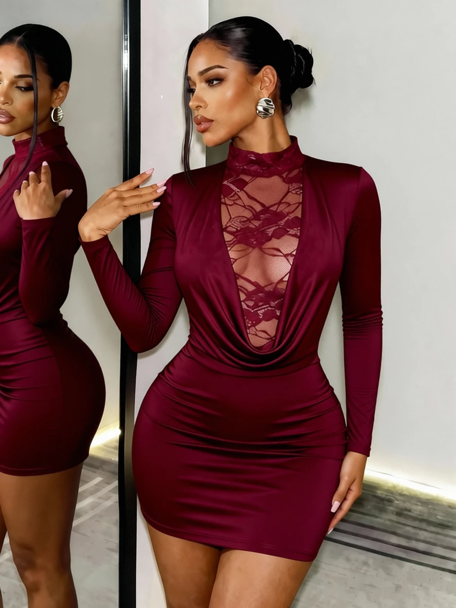 SHEIN BamGlam Women's Sexy Fashion Party Deep Draped Neck Cowl Neck Lace Patchwork Short Dress - Burgundy - View 1