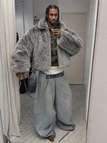 NEON BLANC Men's Solid Color Fashion Versatile Winter Faux Fur Coat - Grey - View 7