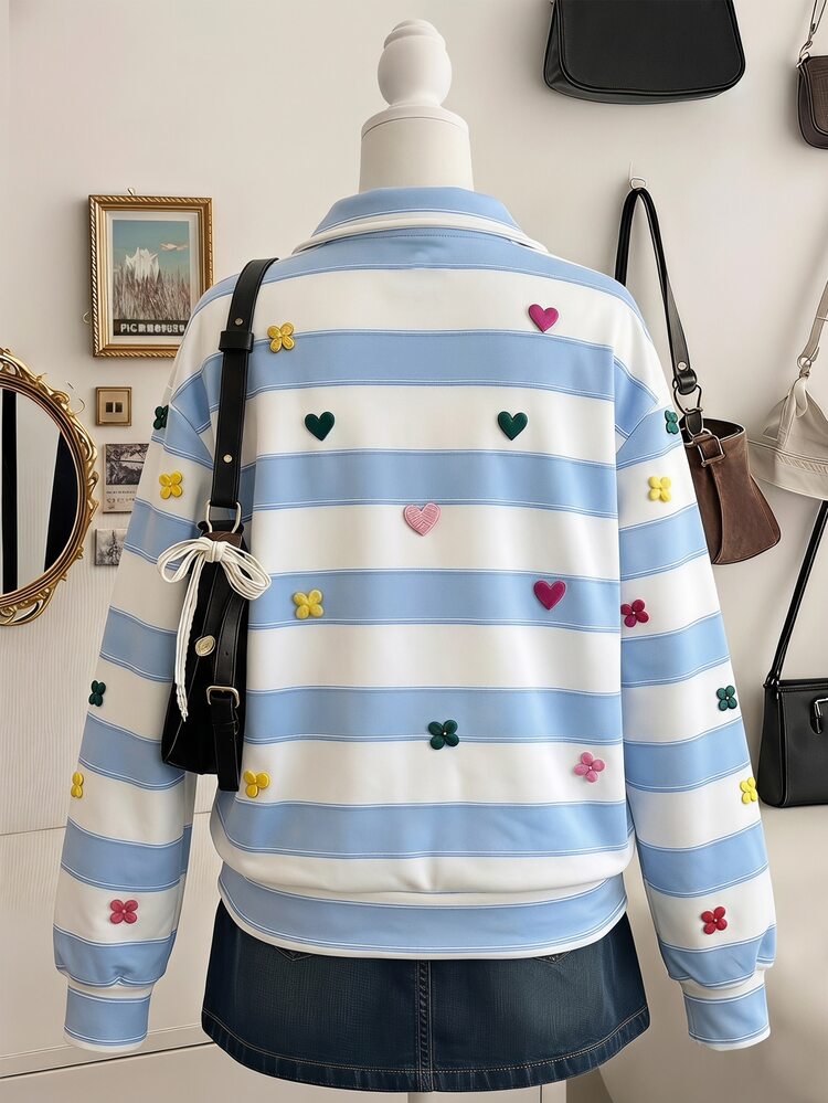 SHEIN Teen Girls Fall Style Blue White Striped Half Zip Sweatshirt, Cute Colorful Heart Clover Embroidery Loose Drop Shoulder Long Sleeve Top, Casual Fall T - Blue - View 2
