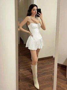 Sweetina Women's Going Out Elegant Solid Color Pleated Camisole Mini Dress, Summer - White - View 2