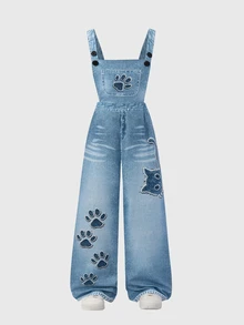 SHEIN Tween Girls' Knit Star Print Overalls, Fall Clothes, Fashionable For Back To School, Personalized Clothing For Spring, Summer Holiday Casual - Blue - View 4