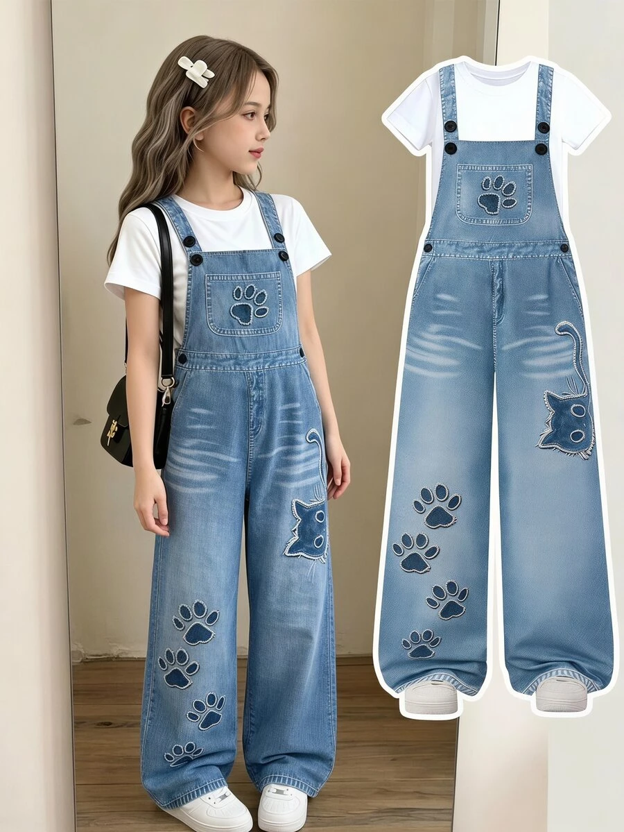 SHEIN Tween Girls' Knit Star Print Overalls, Fall Clothes, Fashionable For Back To School, Personalized Clothing For Spring, Summer Holiday Casual - Blue - View 1