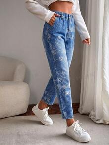 Breezaya Plus Size Floral Print Tapered Leg Jeans - Blue - View 8