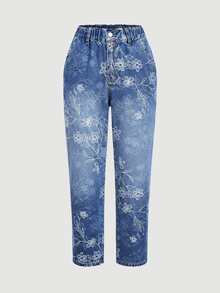 Breezaya Plus Size Floral Print Tapered Leg Jeans - Blue - View 4