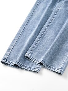 Tween Girl) New Casual Fashion Minimalist Versatile All-Season Mid-Blue Washed Denim Jeans, Classic 5-Pocket Style With Shiny Letter Rhinestone Design On Back, Cotton Loose Soft Straight-Leg Wide-Leg Jeans, Suitable For Daily Wear And Vacation - Medium Wash - View 8